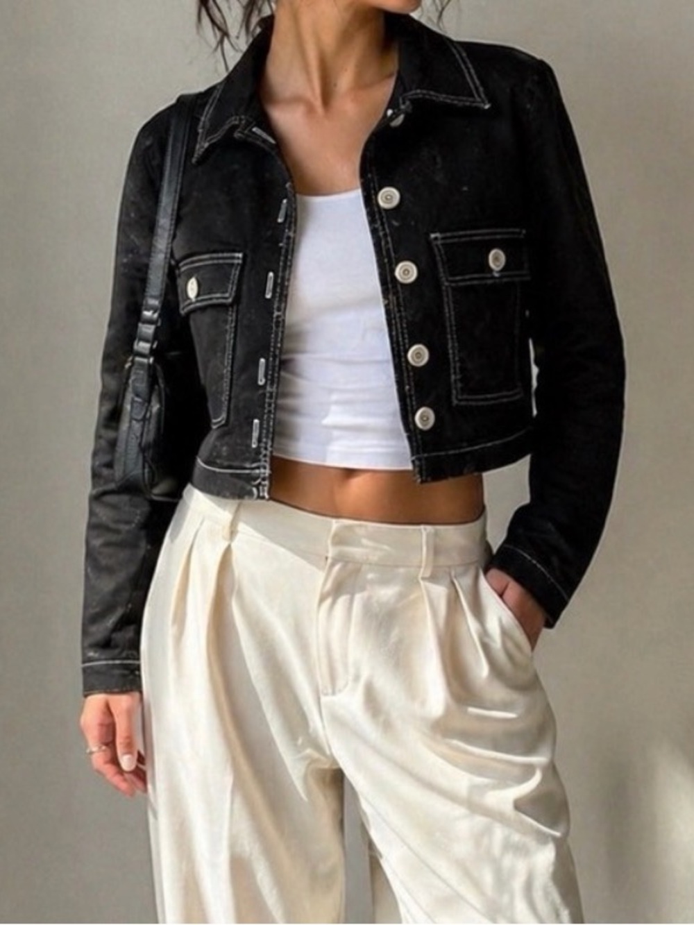 AMADI Black Cropped Utility Jacket Contrast Stitch Anthropologie Style Size M